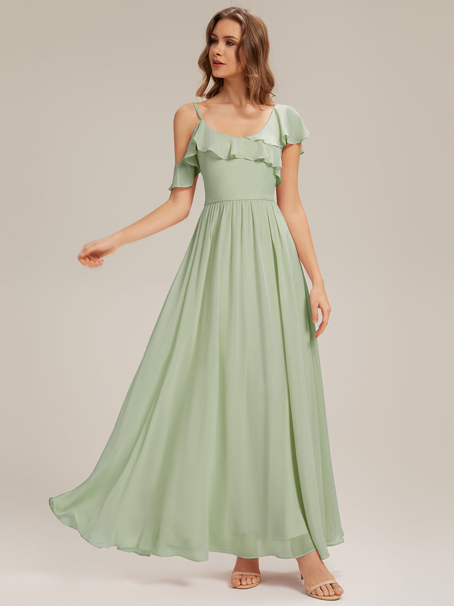 robe longue asymétrique à volants à manches courtes avec fente haute sur la cuisse #Couleur_Menthe Verte