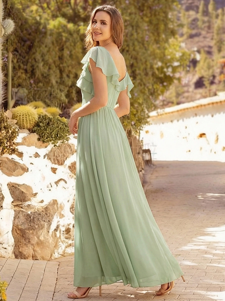 robe longue asymétrique à volants à manches courtes avec fente haute sur la cuisse #Couleur_Menthe Verte