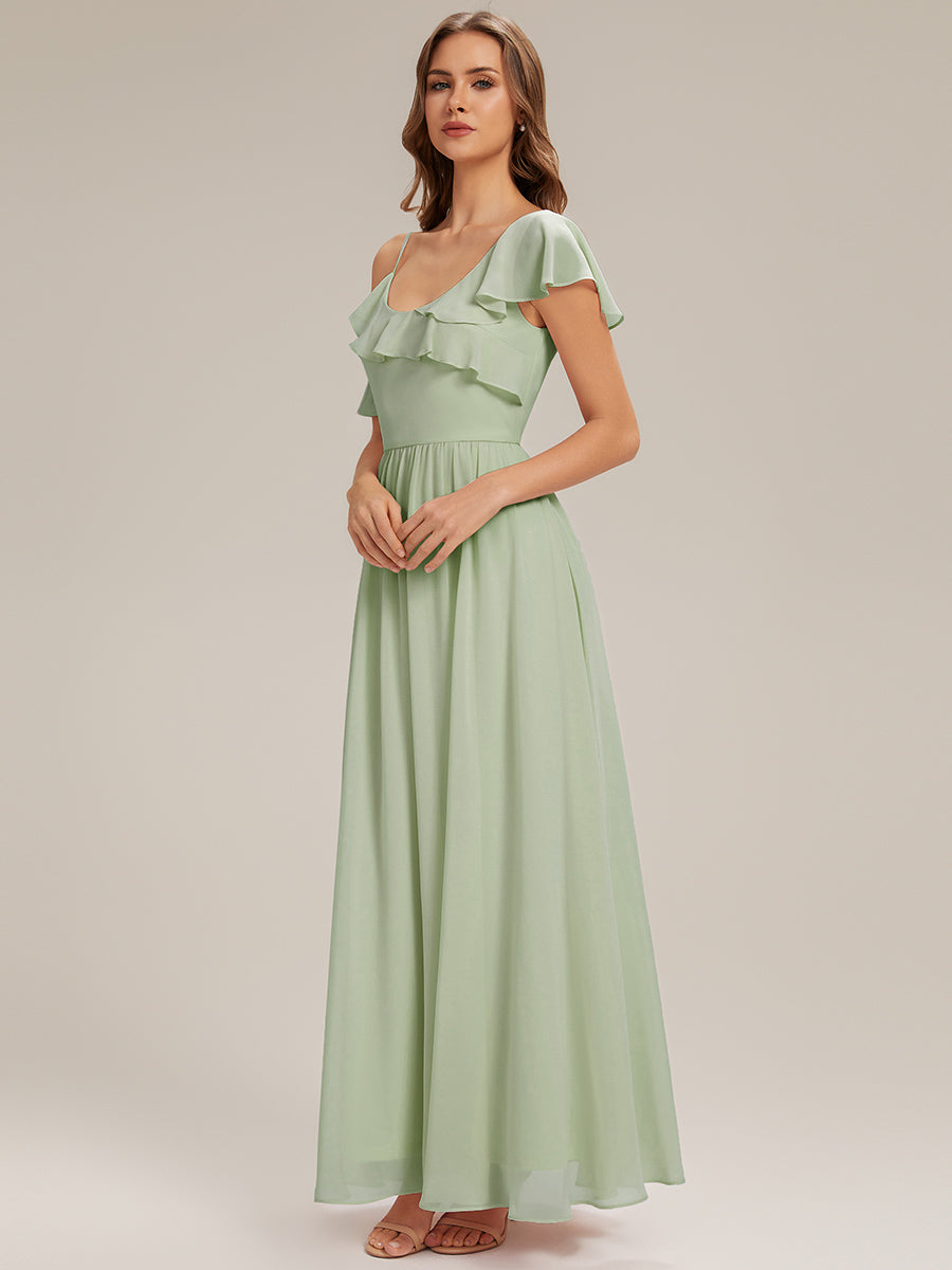 robe longue asymétrique à volants à manches courtes avec fente haute sur la cuisse #Couleur_Menthe Verte
