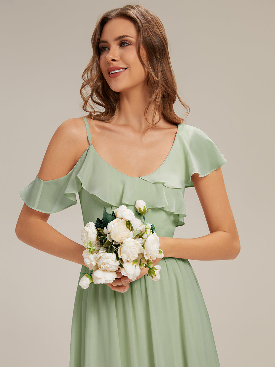 robe longue asymétrique à volants à manches courtes avec fente haute sur la cuisse #Couleur_Menthe Verte