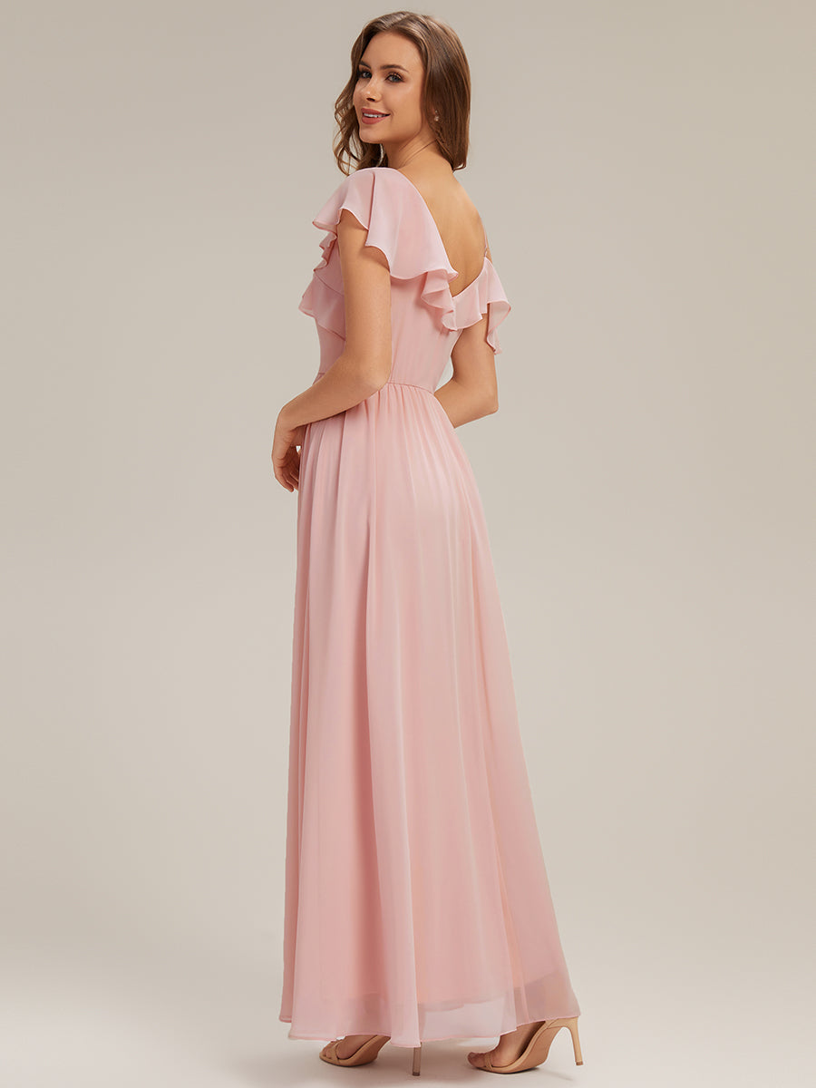 robe longue asymétrique à volants à manches courtes avec fente haute sur la cuisse #Couleur_Rose