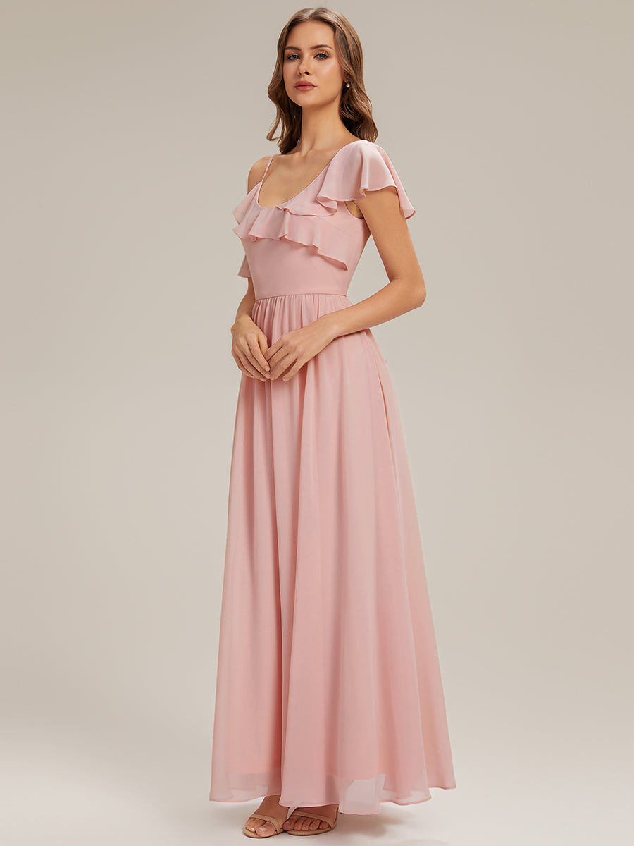 robe longue asymétrique à volants à manches courtes avec fente haute sur la cuisse #Couleur_Rose