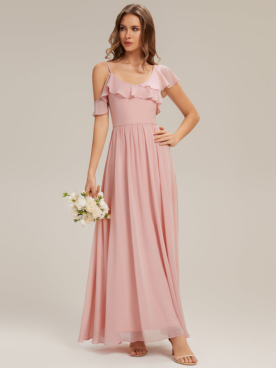 robe longue asymétrique à volants à manches courtes avec fente haute sur la cuisse #Couleur_Rose