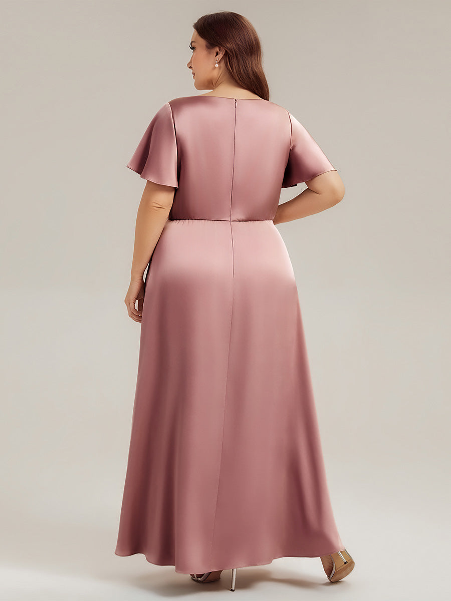 Robe longue ligne A col en V manches courtes à volants froncée #Couleur_Orchidee