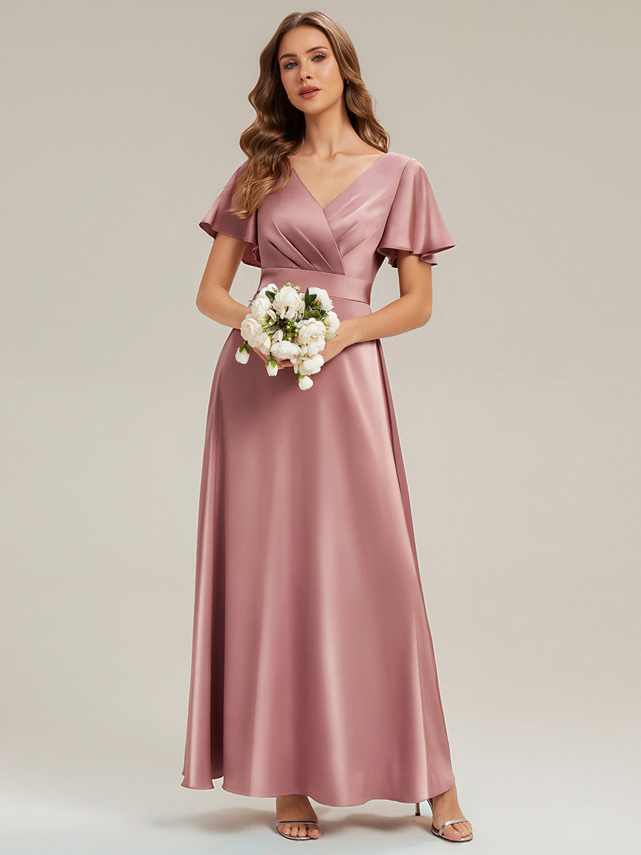 Robe longue ligne A col en V manches courtes à volants froncée #Couleur_Orchidee