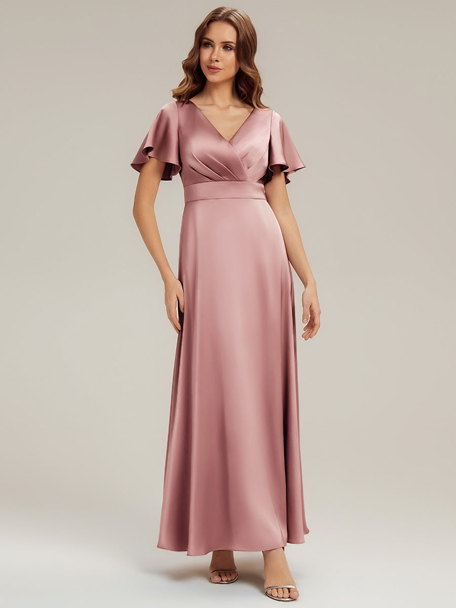Robe longue ligne A col en V manches courtes à volants froncée #Couleur_Orchidee