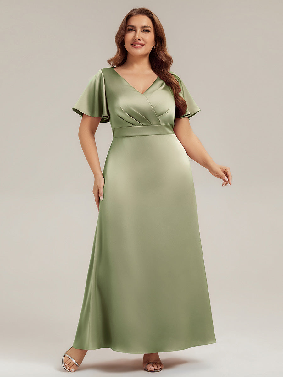 Robe longue ligne A col en V manches courtes à volants froncée #Couleur_Vert sauge