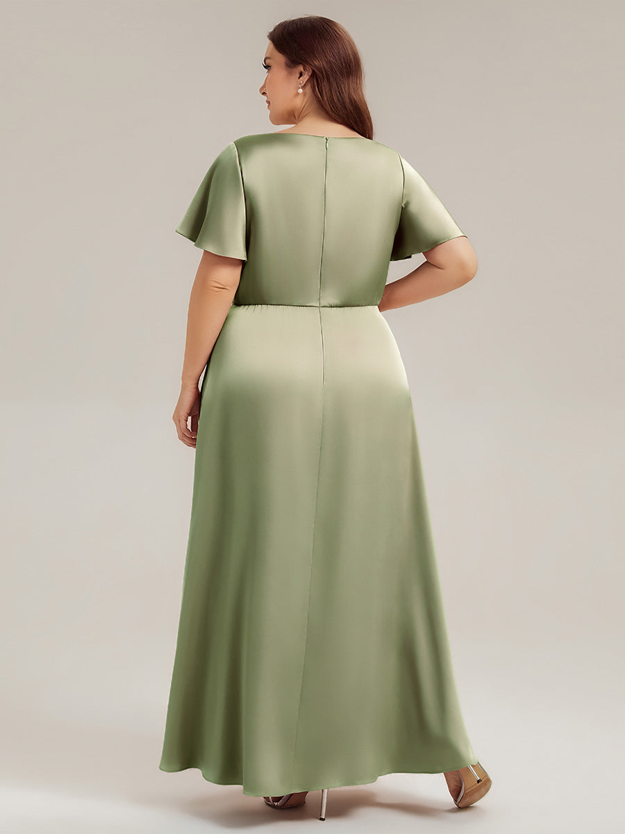 Robe longue ligne A col en V manches courtes à volants froncée #Couleur_Vert sauge