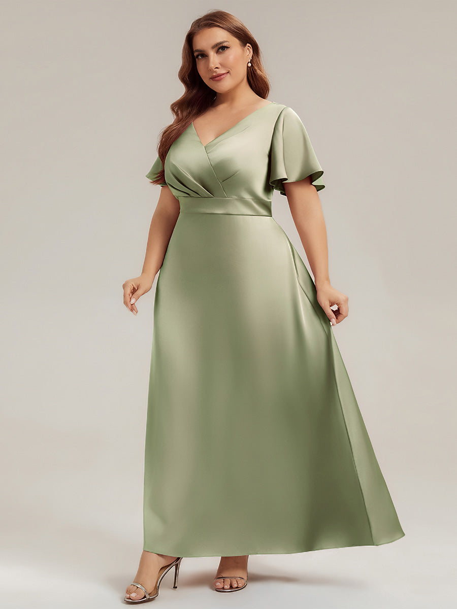 Robe longue ligne A col en V manches courtes à volants froncée #Couleur_Vert sauge