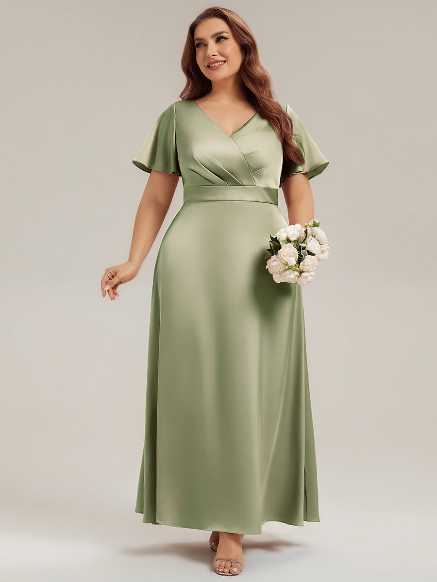 Robe longue ligne A col en V manches courtes à volants froncée #Couleur_Vert sauge