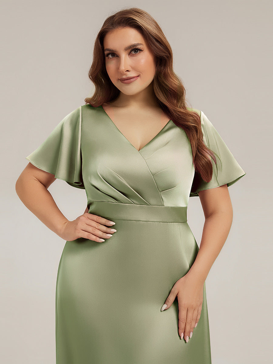 Robe longue ligne A col en V manches courtes à volants froncée #Couleur_Vert sauge
