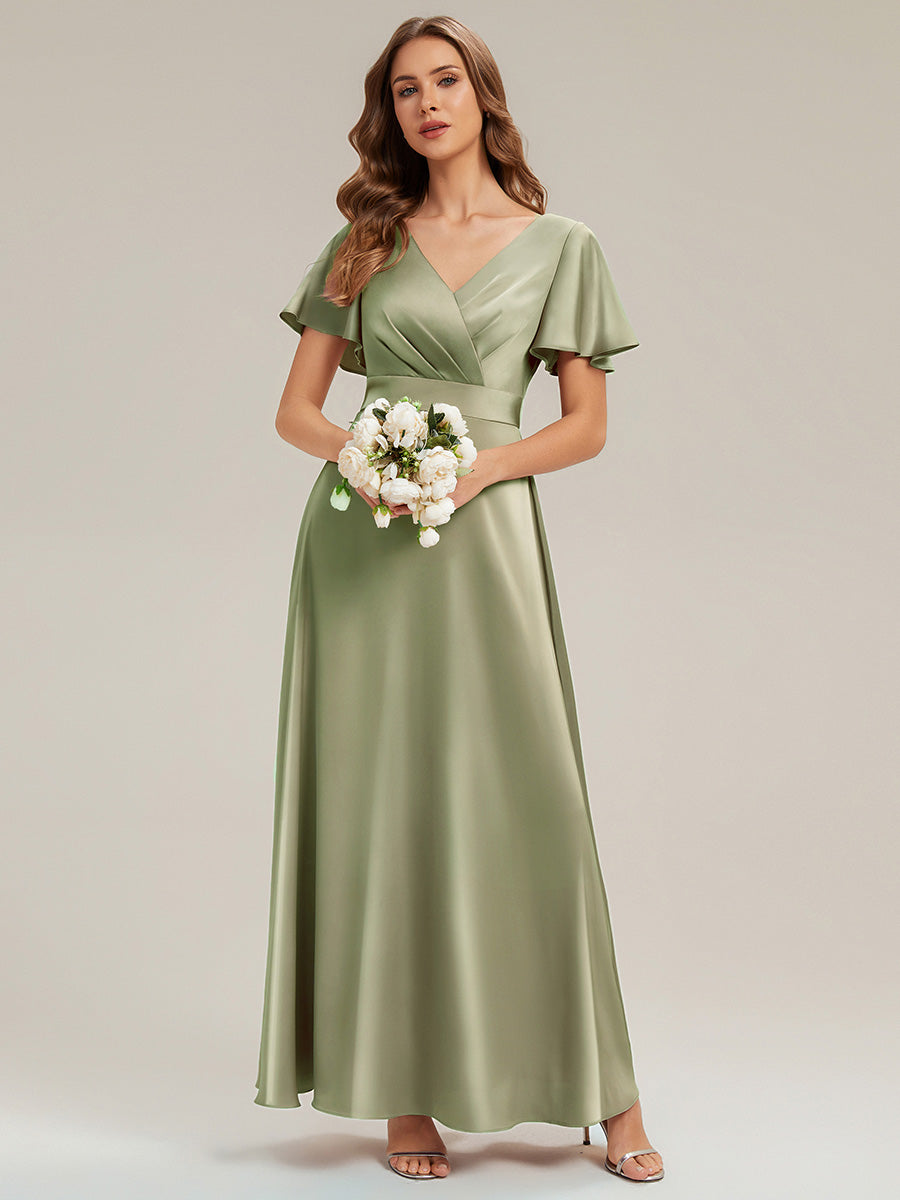 Robe longue ligne A col en V manches courtes à volants froncée #Couleur_Vert sauge