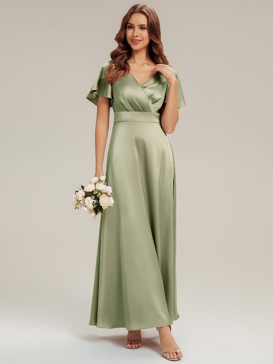 Robe longue ligne A col en V manches courtes à volants froncée #Couleur_Vert sauge