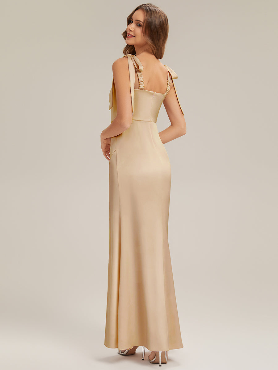 Robe sans manches à encolure carrée longueur sol avec fente haute et détail nœud #Couleur_Champagner