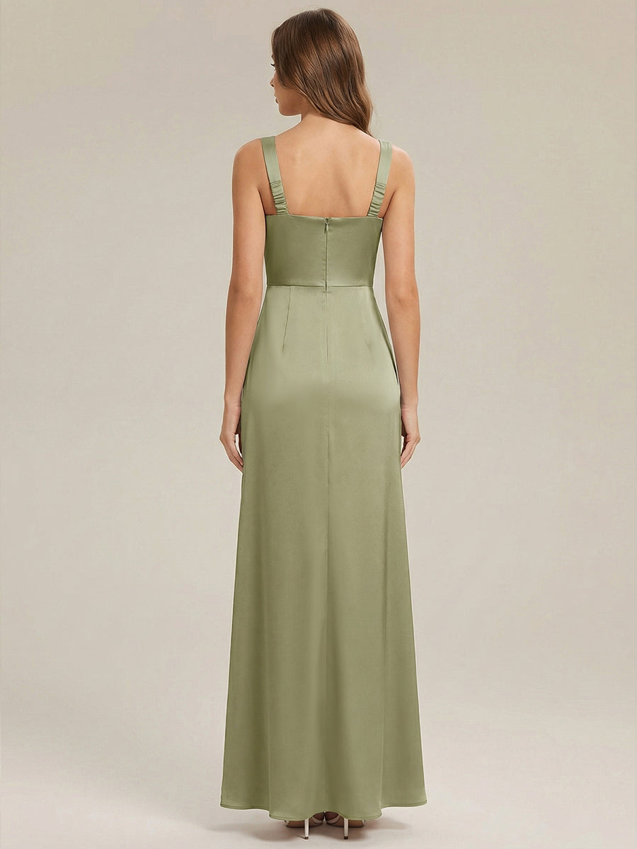 Robe sans manches à encolure carrée longueur sol avec fente haute et détail nœud #Couleur_Vert sauge
