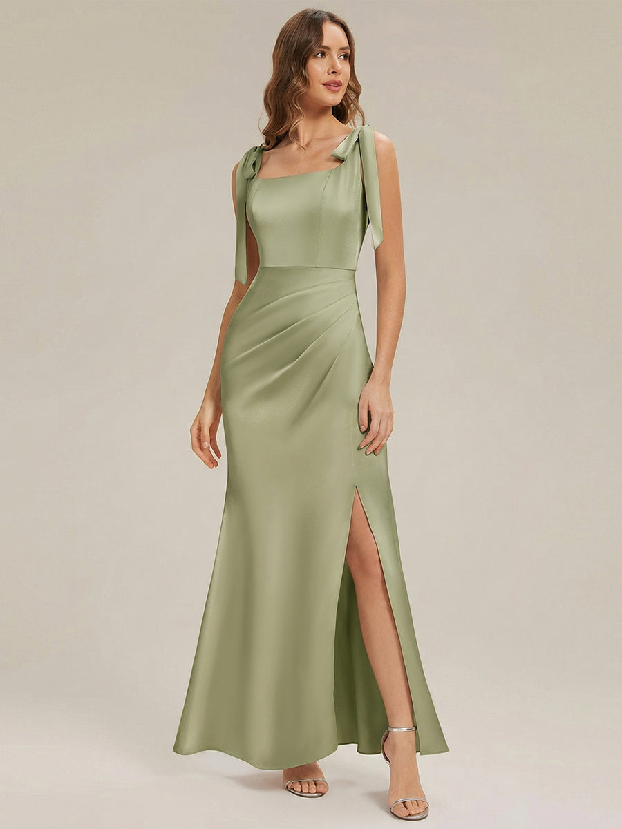Robe sans manches à encolure carrée longueur sol avec fente haute et détail nœud #Couleur_Vert sauge