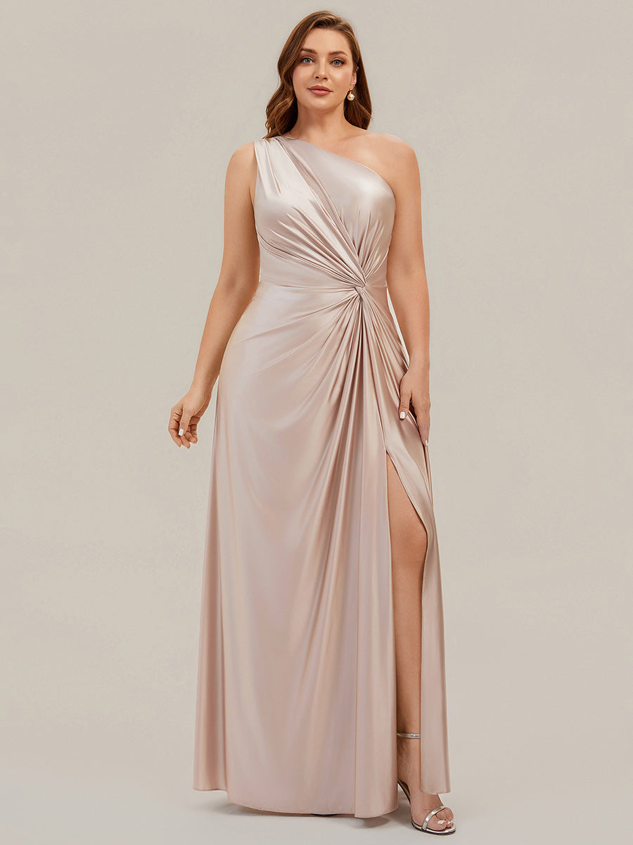 Robe longue à une épaule sans manches en A avec fente haute et détail noué #Couleur_Champagner
