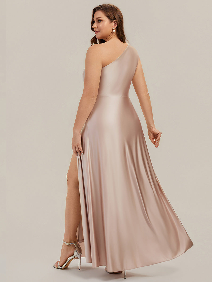 Robe longue à une épaule sans manches en A avec fente haute et détail noué #Couleur_Champagner