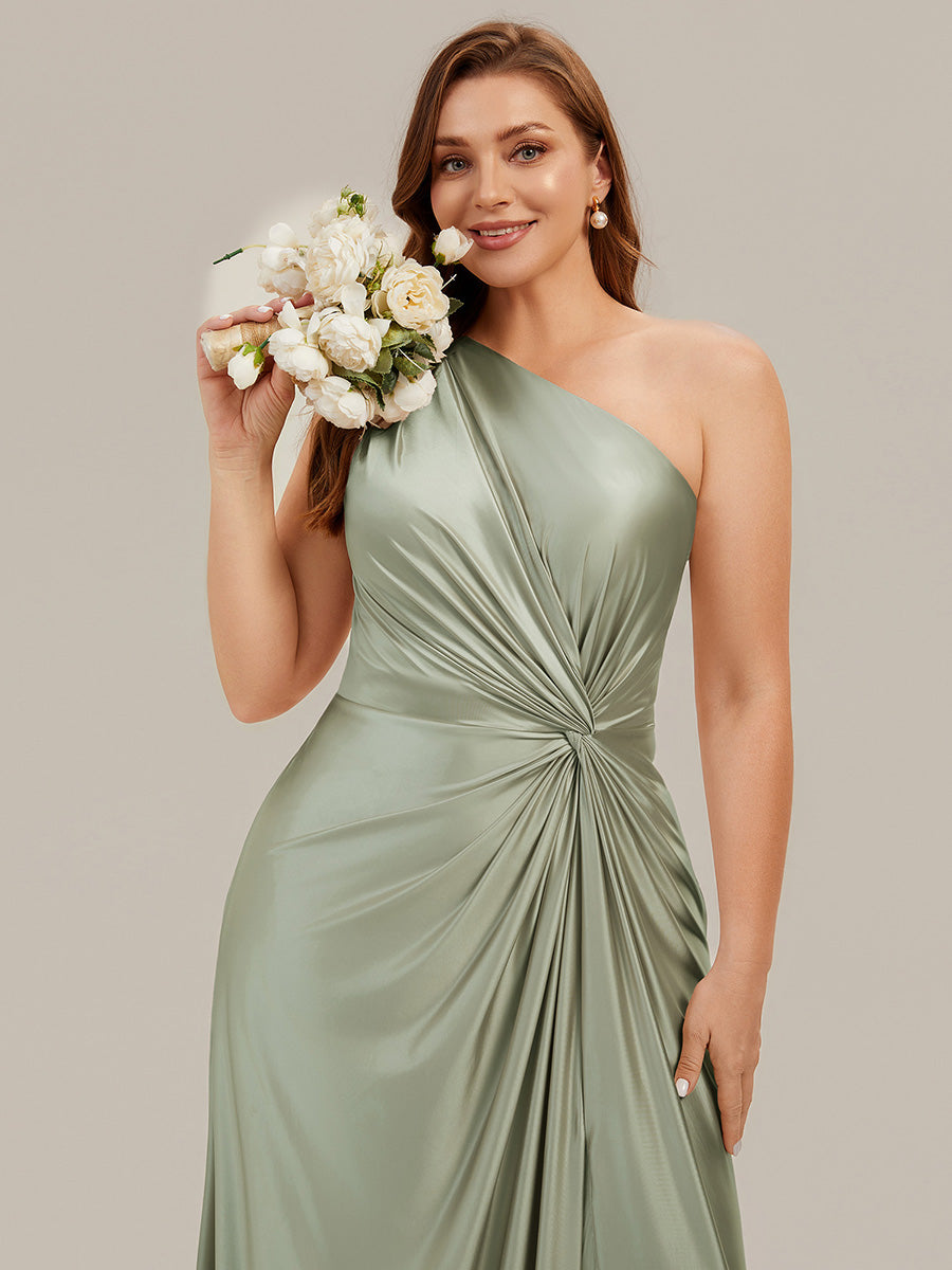 Robe longue à une épaule sans manches en A avec fente haute et détail noué #Couleur_Vert sauge