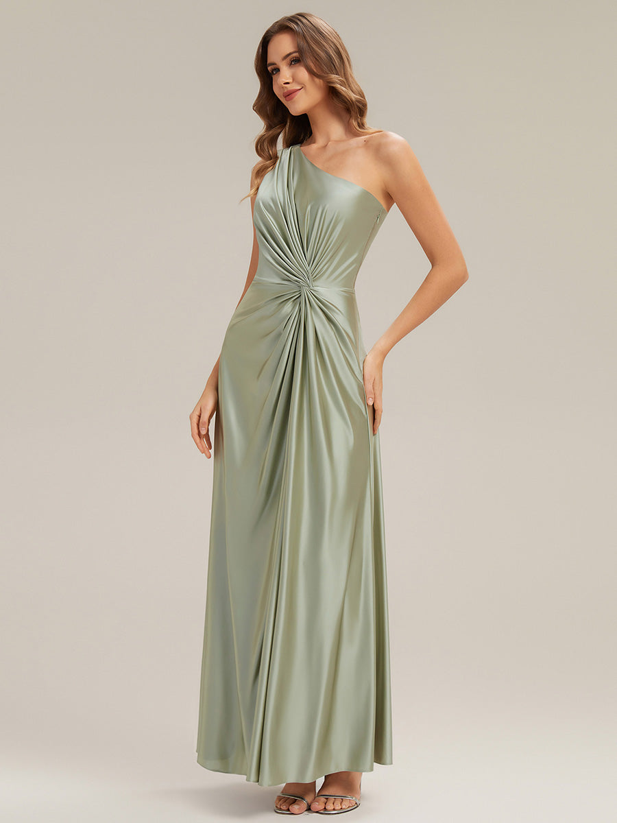 Robe longue à une épaule sans manches en A avec fente haute et détail noué #Couleur_Vert sauge