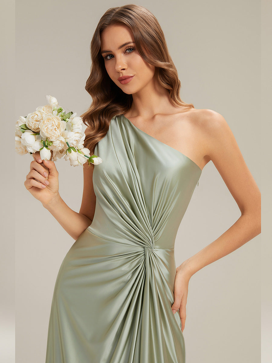 Robe longue à une épaule sans manches en A avec fente haute et détail noué #Couleur_Vert sauge