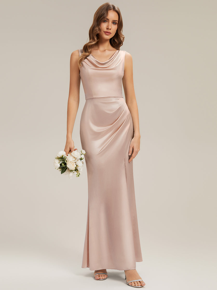 Robe sirène longue sans bretelles en stretch avec col drapé et fente haute sur la cuisse #Couleur_Champagner