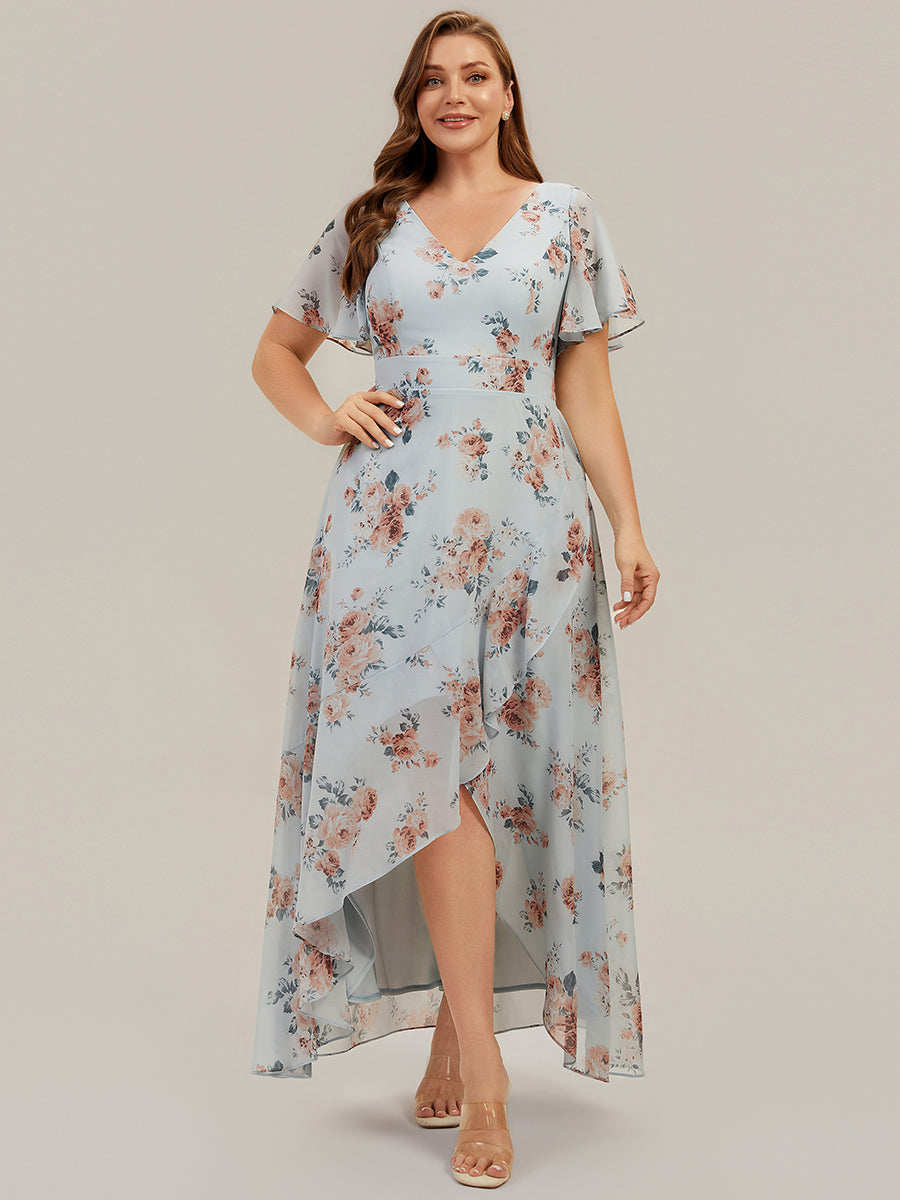 robe asymétrique à encolure en V profond à volants et manches courtes #Couleur_Floraison Ambrée