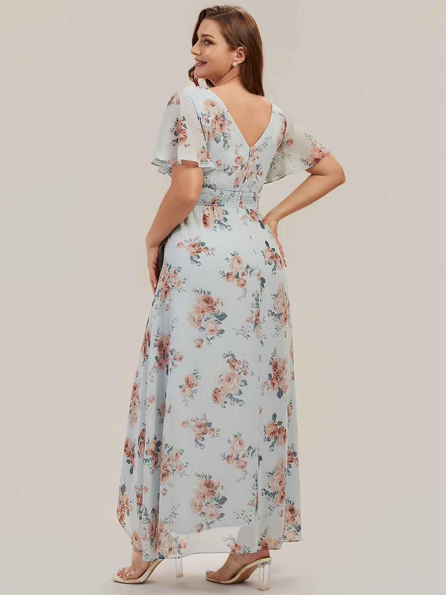 robe asymétrique à encolure en V profond à volants et manches courtes #Couleur_Floraison Ambrée