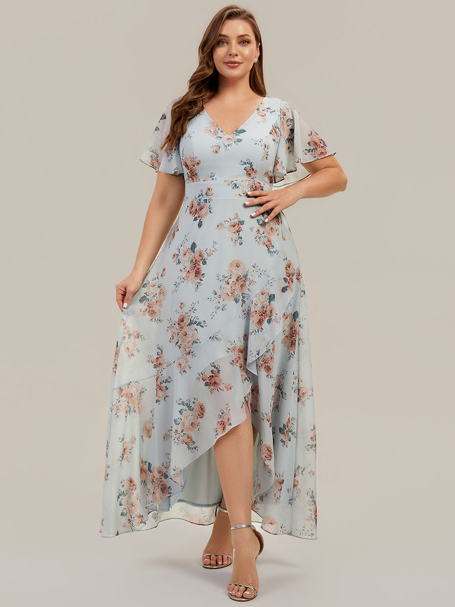 robe asymétrique à encolure en V profond à volants et manches courtes #Couleur_Floraison Ambrée