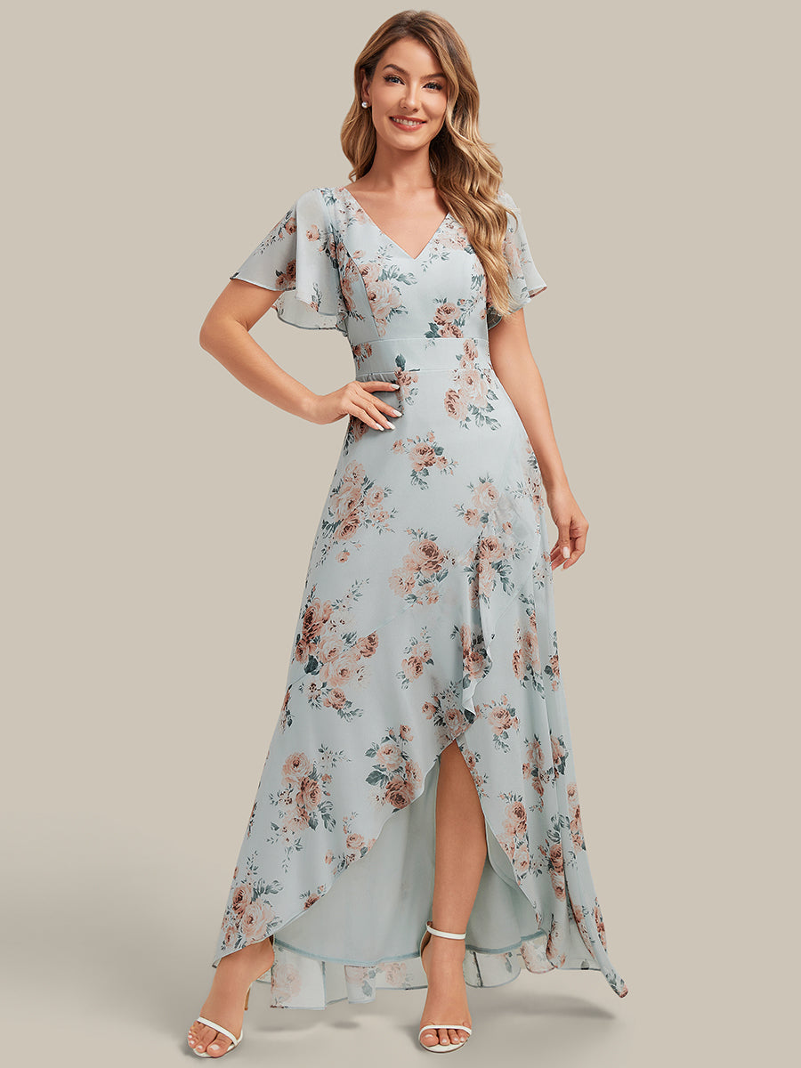 robe asymétrique à encolure en V profond à volants et manches courtes #Couleur_Floraison Ambrée