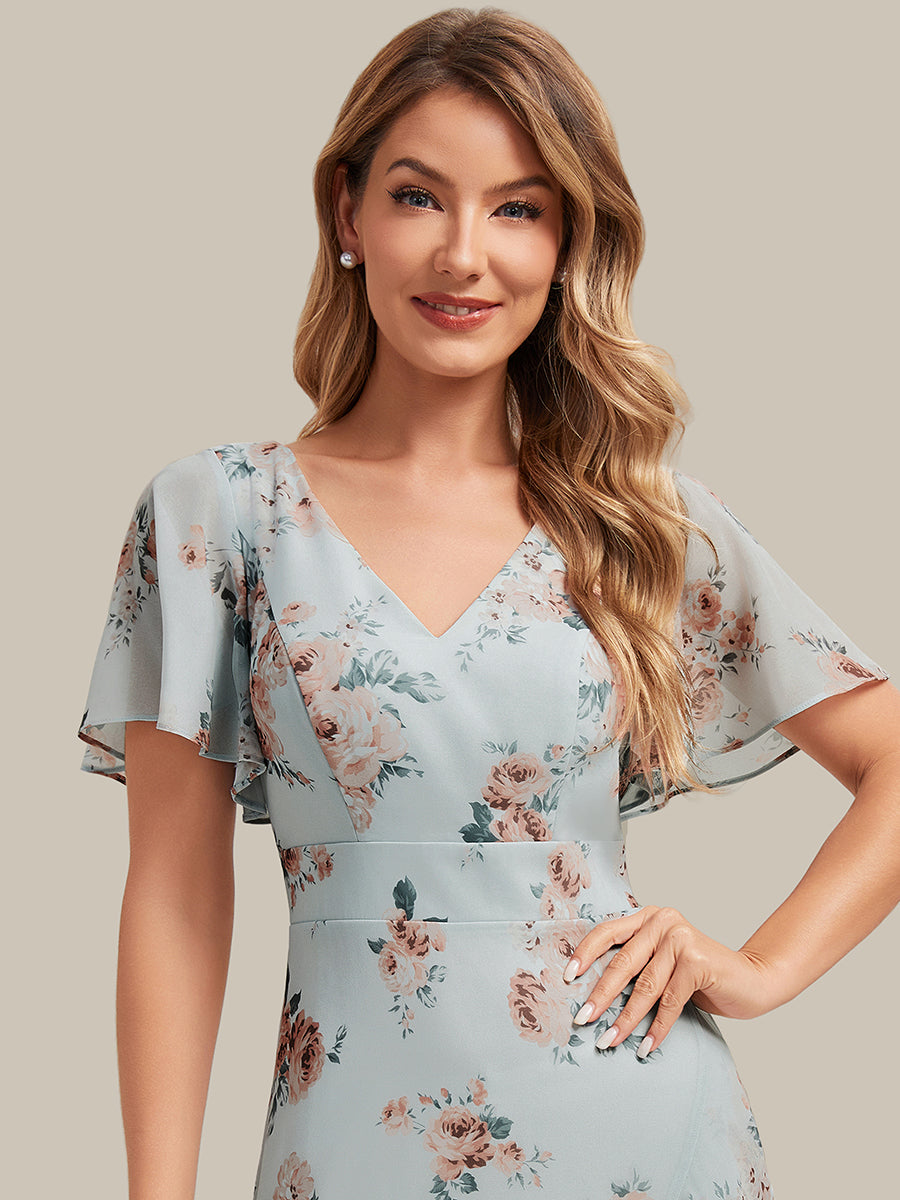 robe asymétrique à encolure en V profond à volants et manches courtes #Couleur_Floraison Ambrée