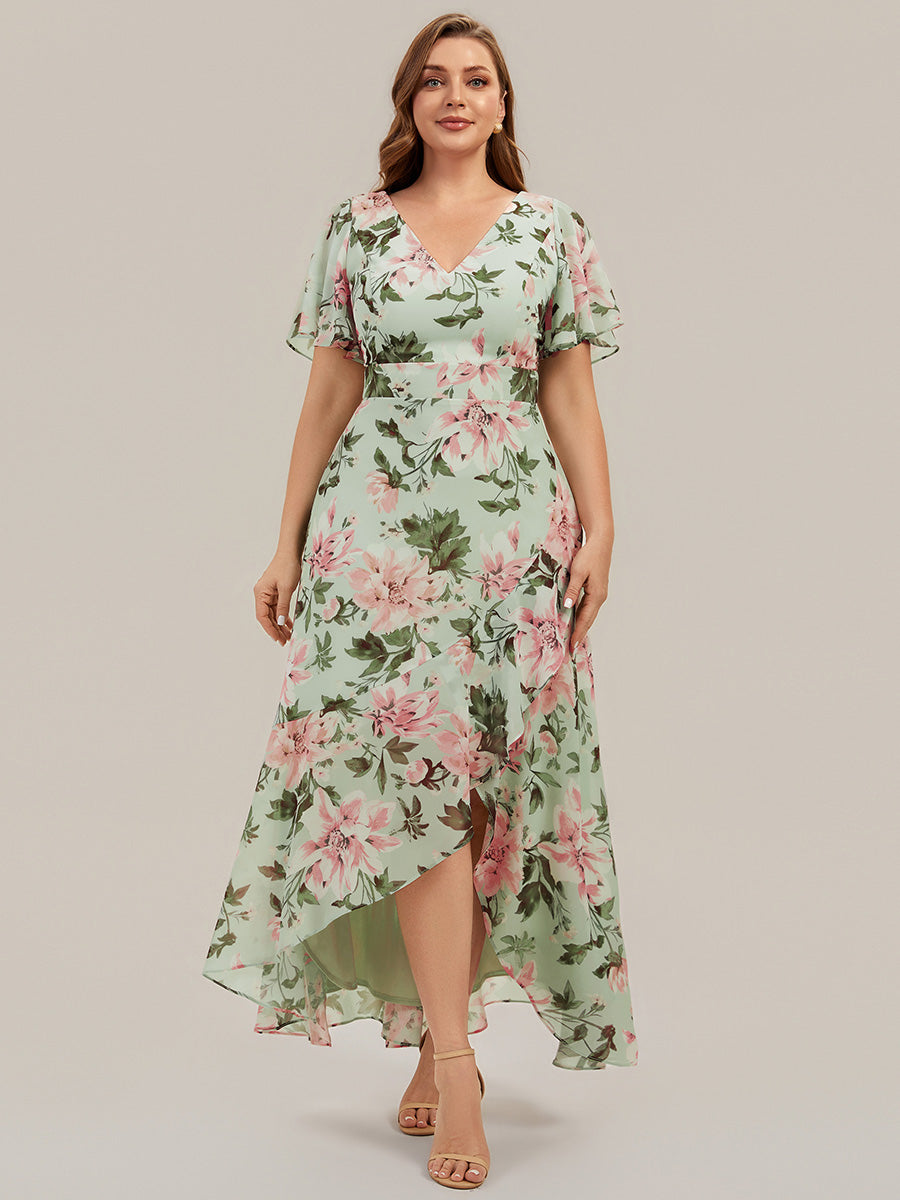 robe asymétrique à encolure en V profond à volants et manches courtes #Couleur_Vert clair à fleurs