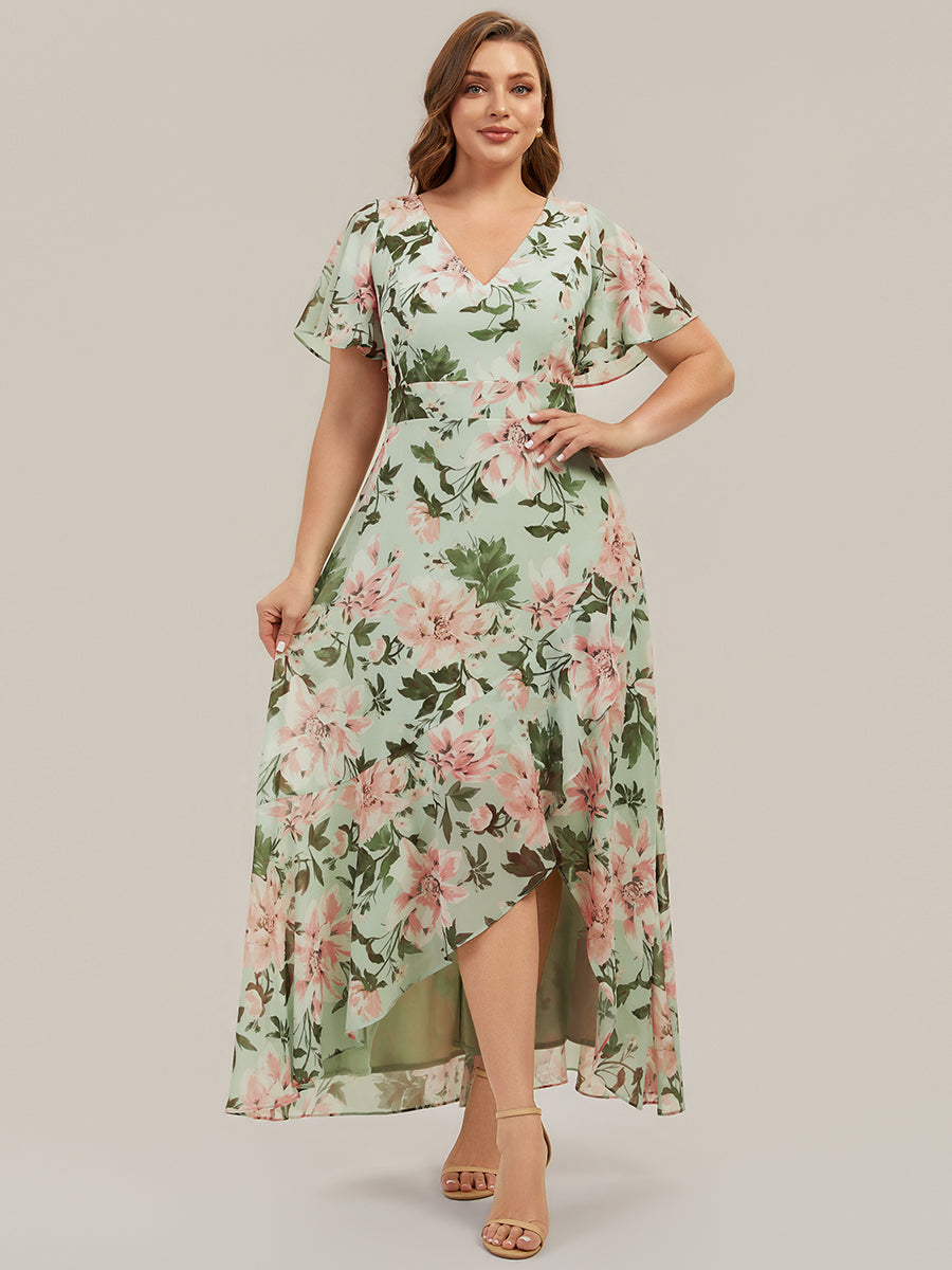 robe asymétrique à encolure en V profond à volants et manches courtes #Couleur_Vert clair à fleurs