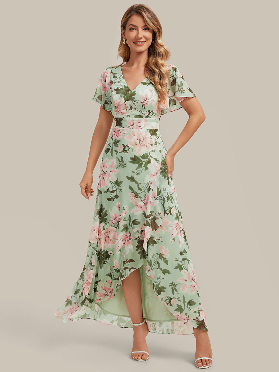 robe asymétrique à encolure en V profond à volants et manches courtes #Couleur_Vert clair à fleurs