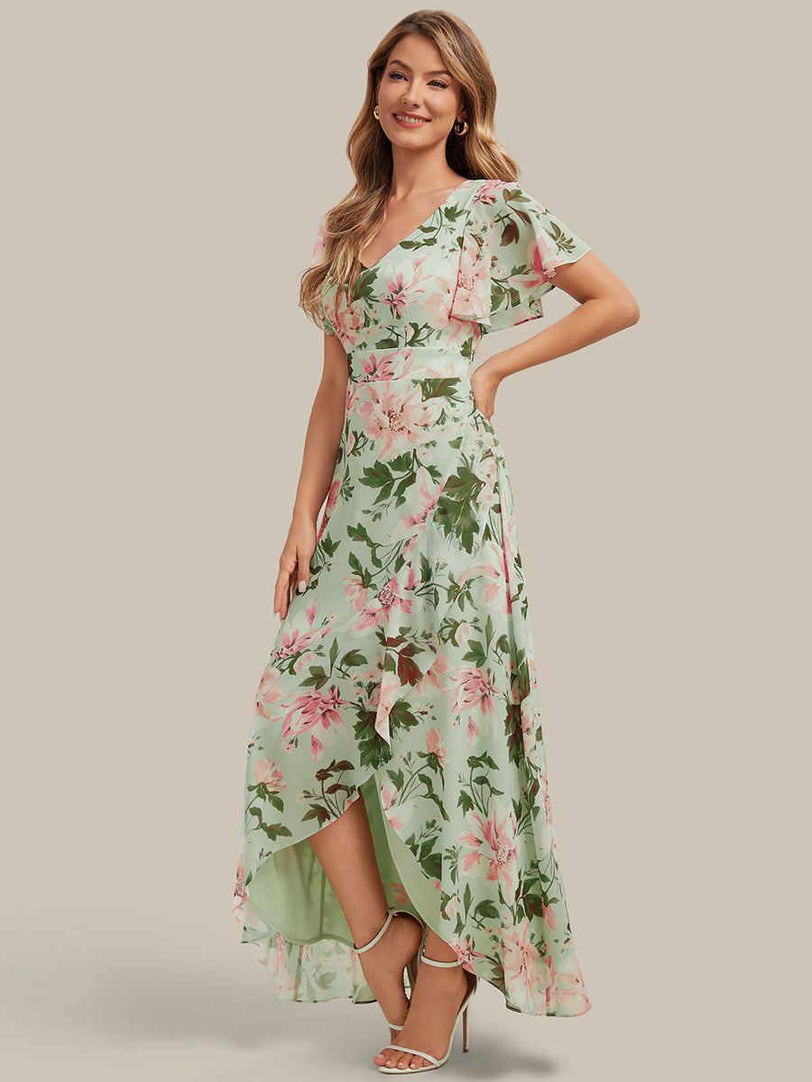 robe asymétrique à encolure en V profond à volants et manches courtes #Couleur_Vert clair à fleurs