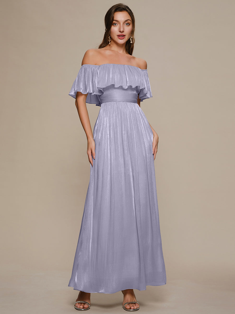 robe longue à volants à épaules dénudées à manches courtes en forme de A #Couleur_Lilas Givré