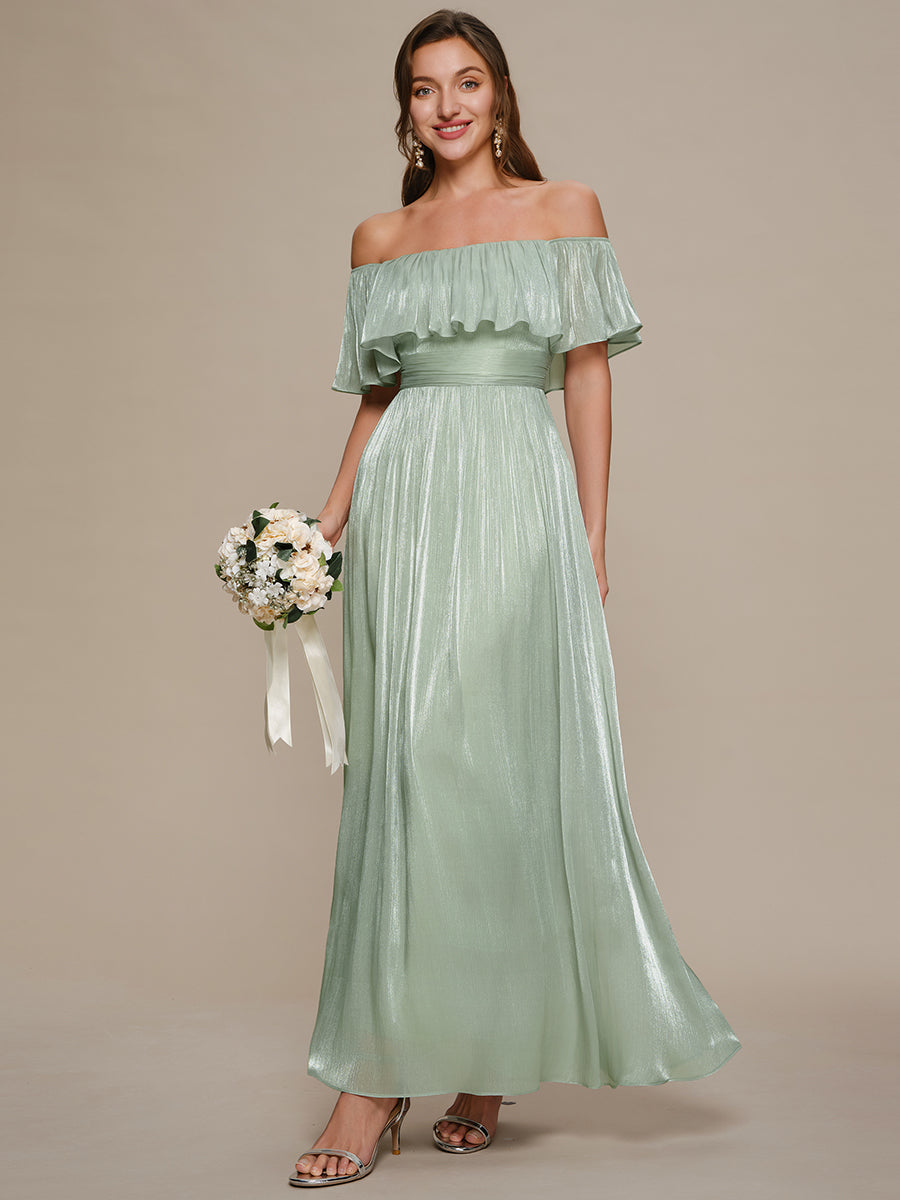 robe longue à volants à épaules dénudées à manches courtes en forme de A #Couleur_Menthe Verte