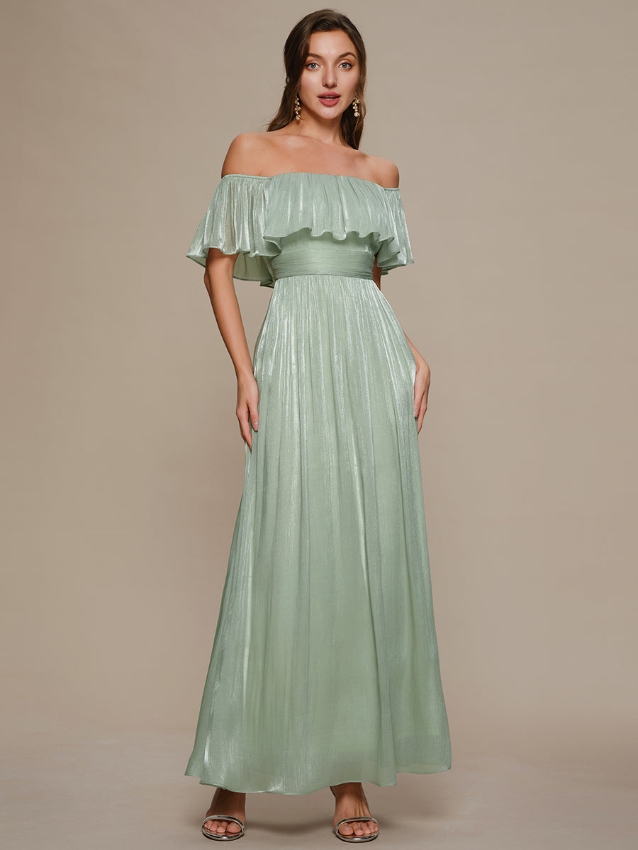 robe longue à volants à épaules dénudées à manches courtes en forme de A #Couleur_Menthe Verte