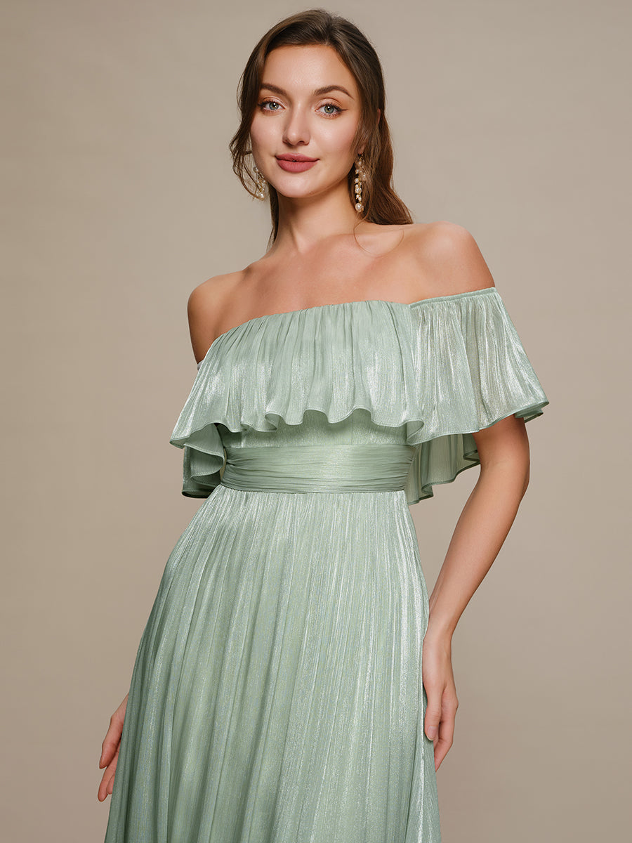 robe longue à volants à épaules dénudées à manches courtes en forme de A #Couleur_Menthe Verte
