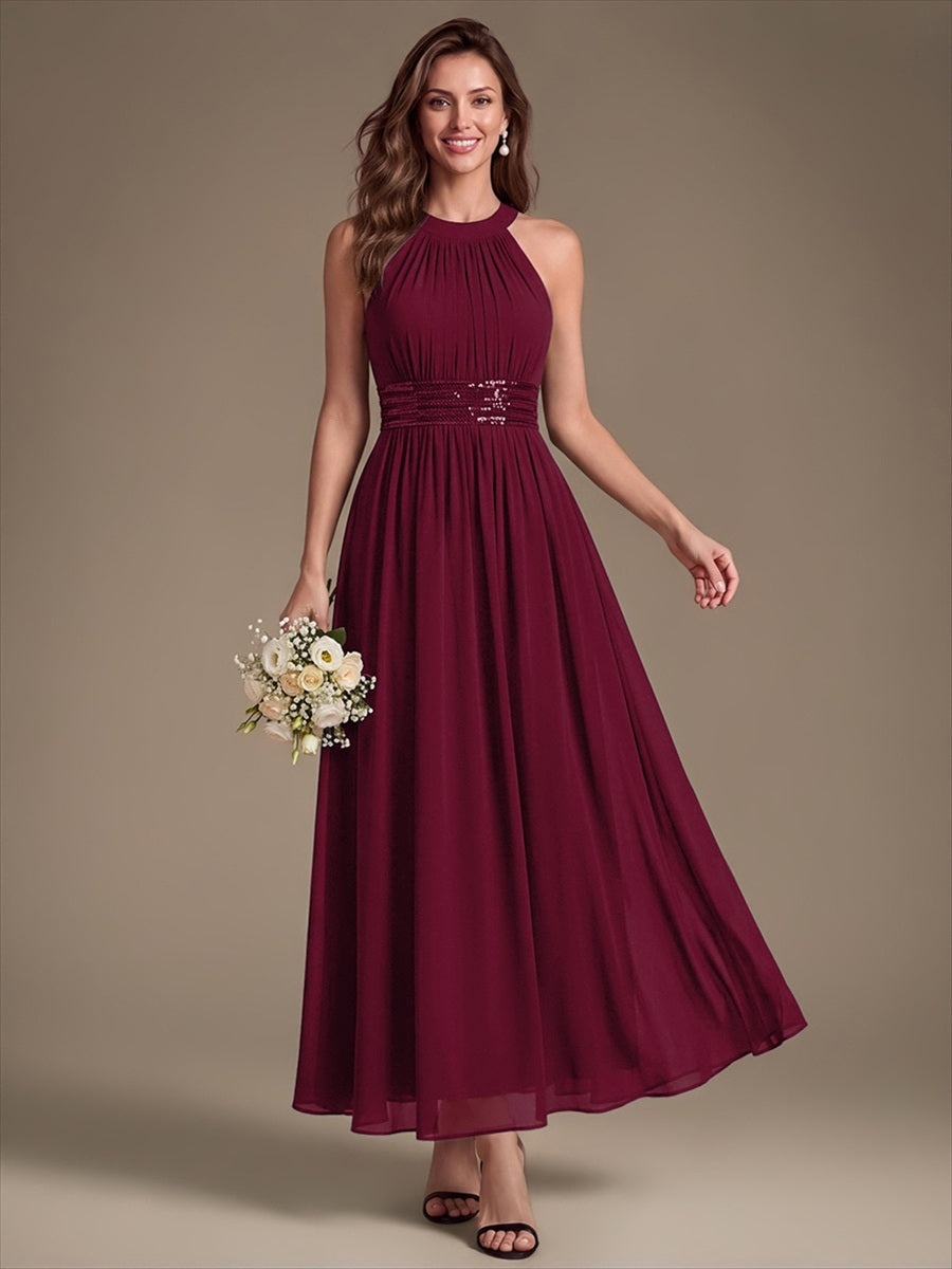 Robe A-Line sans manches à encolure corset en tissu non élastique longueur maxi #Couleur_Bordeaux