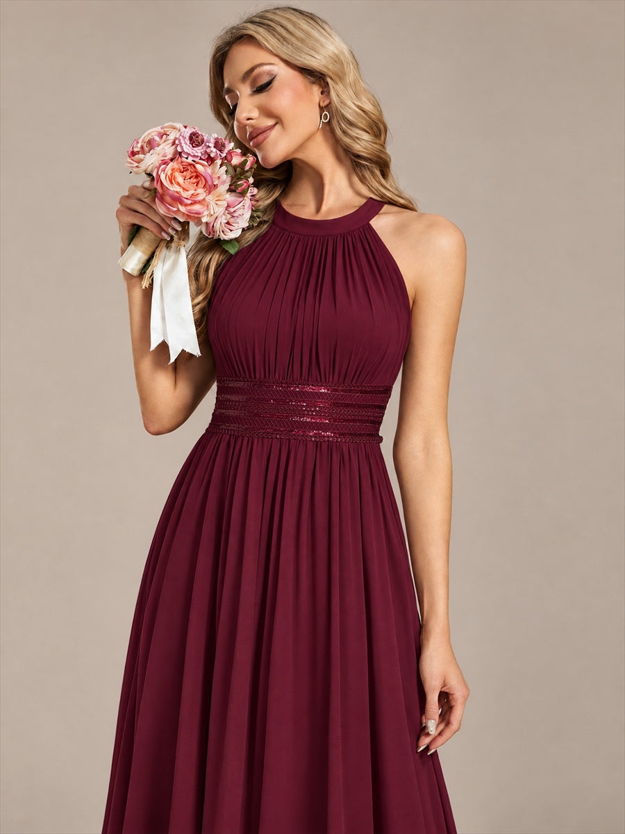 Robe A-Line sans manches à encolure corset en tissu non élastique longueur maxi #Couleur_Bordeaux