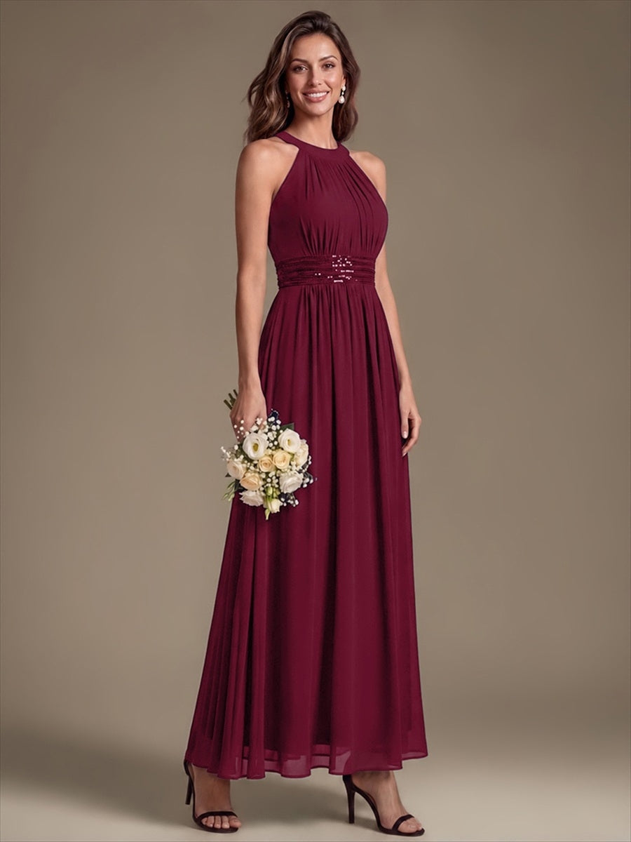 Robe A-Line sans manches à encolure corset en tissu non élastique longueur maxi #Couleur_Bordeaux