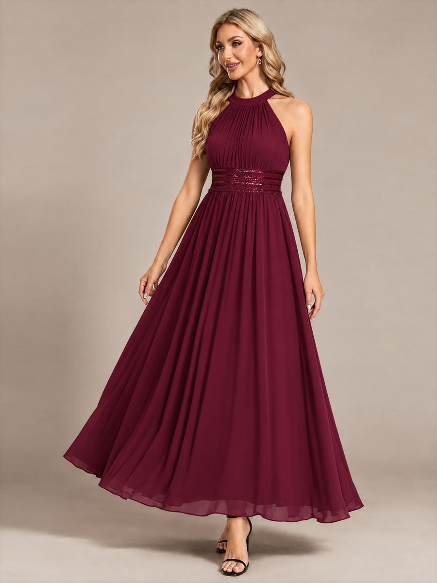 Robe A-Line sans manches à encolure corset en tissu non élastique longueur maxi #Couleur_Bordeaux
