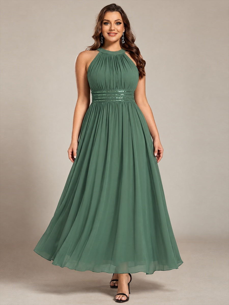 Robe A-Line sans manches à encolure corset en tissu non élastique longueur maxi #Couleur_Eukalyptus Grün