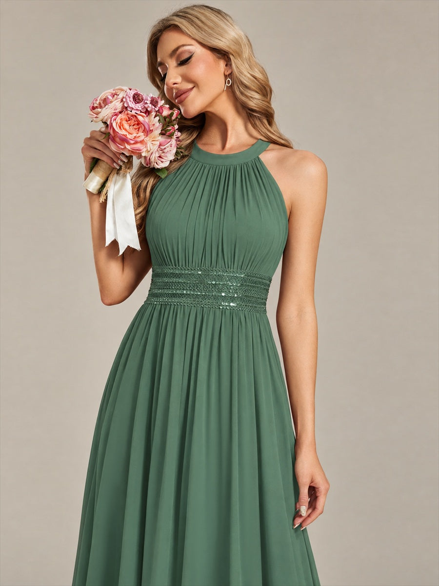 Robe A-Line sans manches à encolure corset en tissu non élastique longueur maxi #Couleur_Eukalyptus Grün