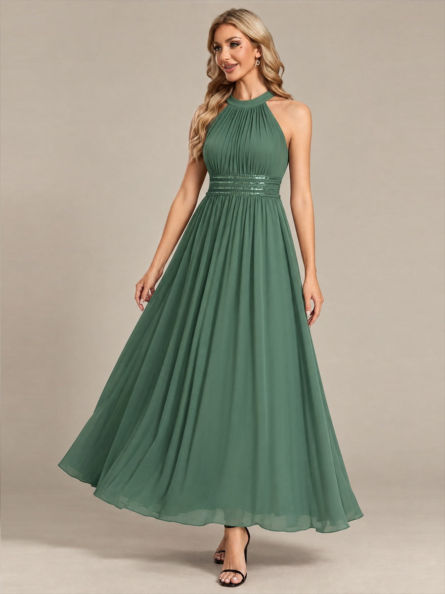 Robe A-Line sans manches à encolure corset en tissu non élastique longueur maxi #Couleur_Eukalyptus Grün