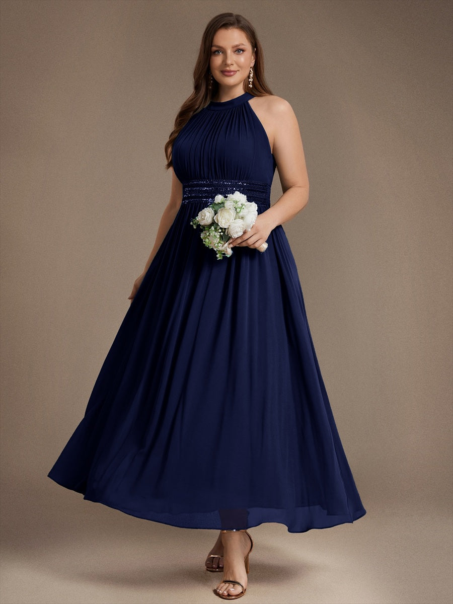 Robe A-Line sans manches à encolure corset en tissu non élastique longueur maxi #Couleur_Bleu Marine