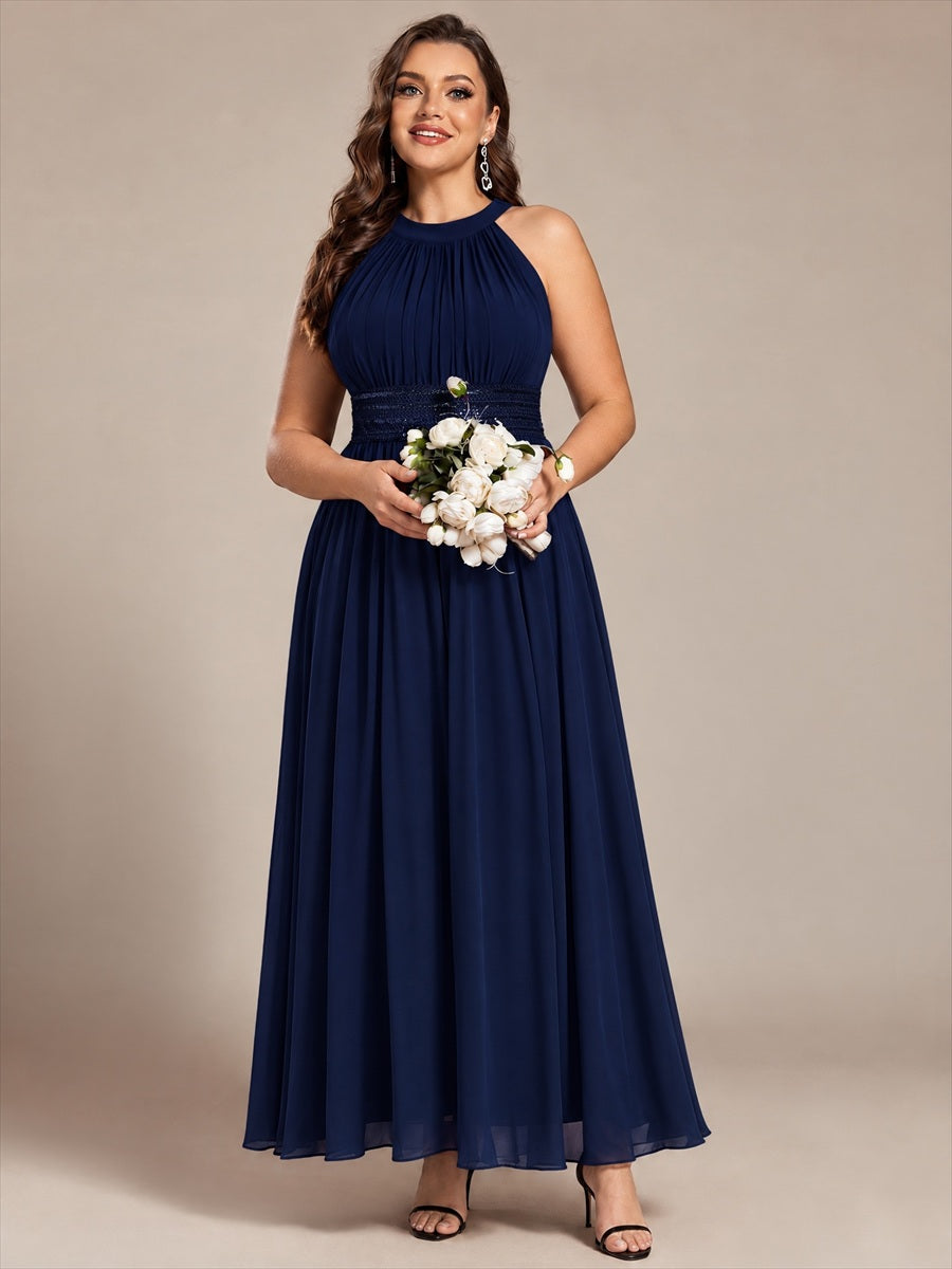 Robe A-Line sans manches à encolure corset en tissu non élastique longueur maxi #Couleur_Bleu Marine
