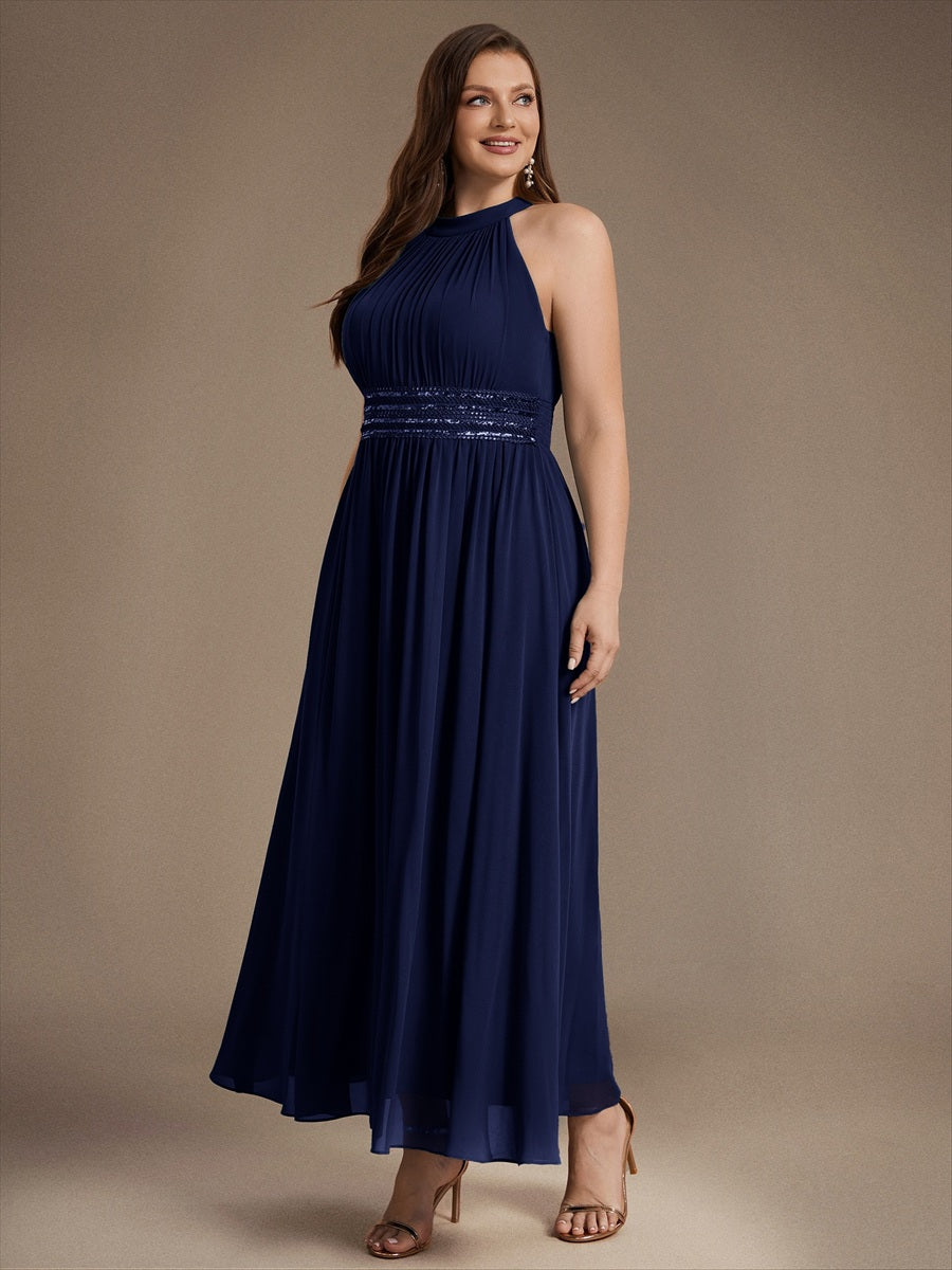 Robe A-Line sans manches à encolure corset en tissu non élastique longueur maxi #Couleur_Bleu Marine