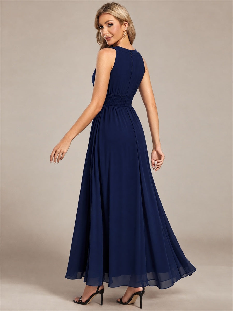 Robe A-Line sans manches à encolure corset en tissu non élastique longueur maxi #Couleur_Bleu Marine